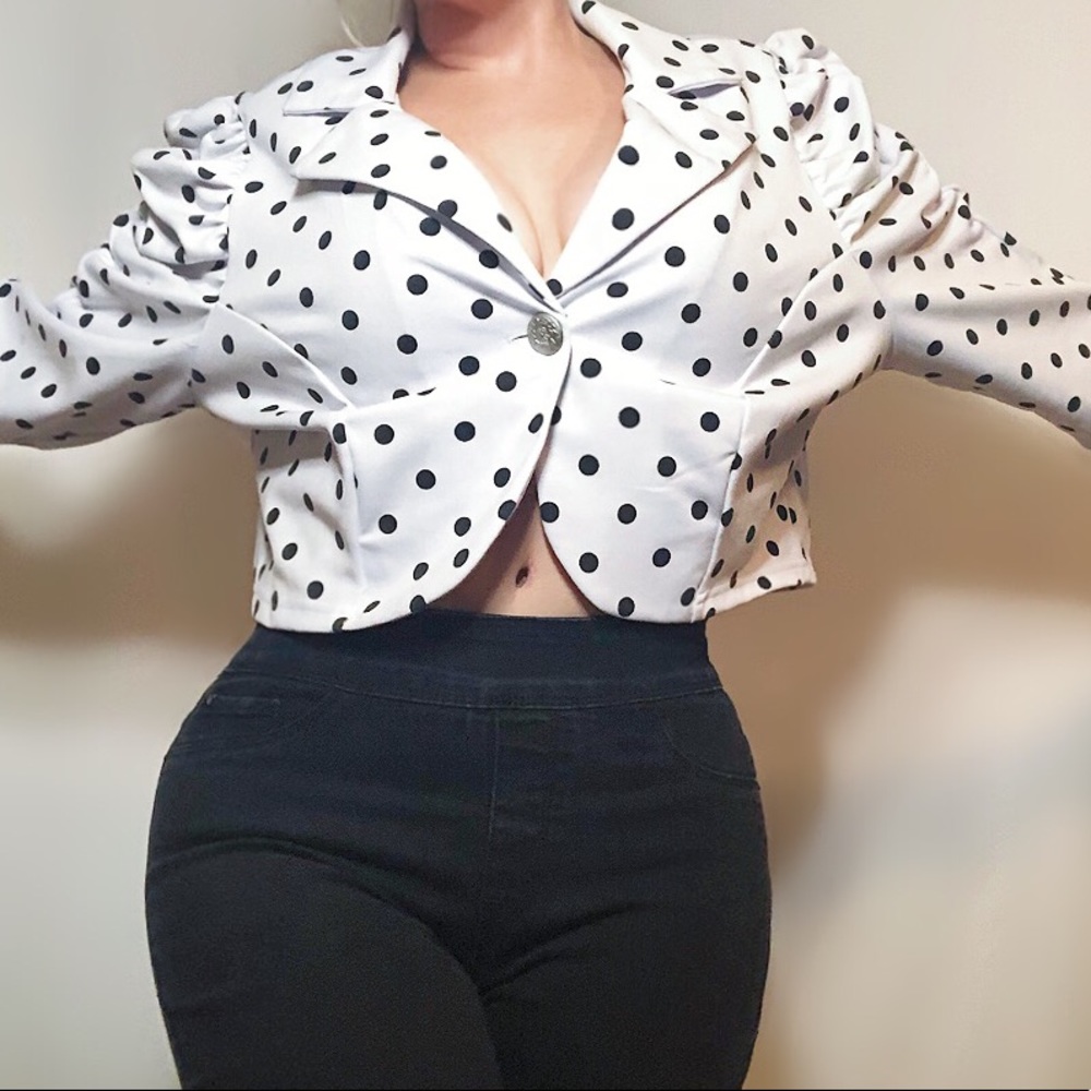 Dots cropped 3/4 puff sleeve polka dot blazer
